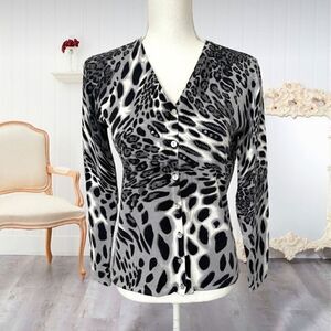 Black & Gray Beaded Cheetah Print Button Down Cardigan Pierri New York Sz M